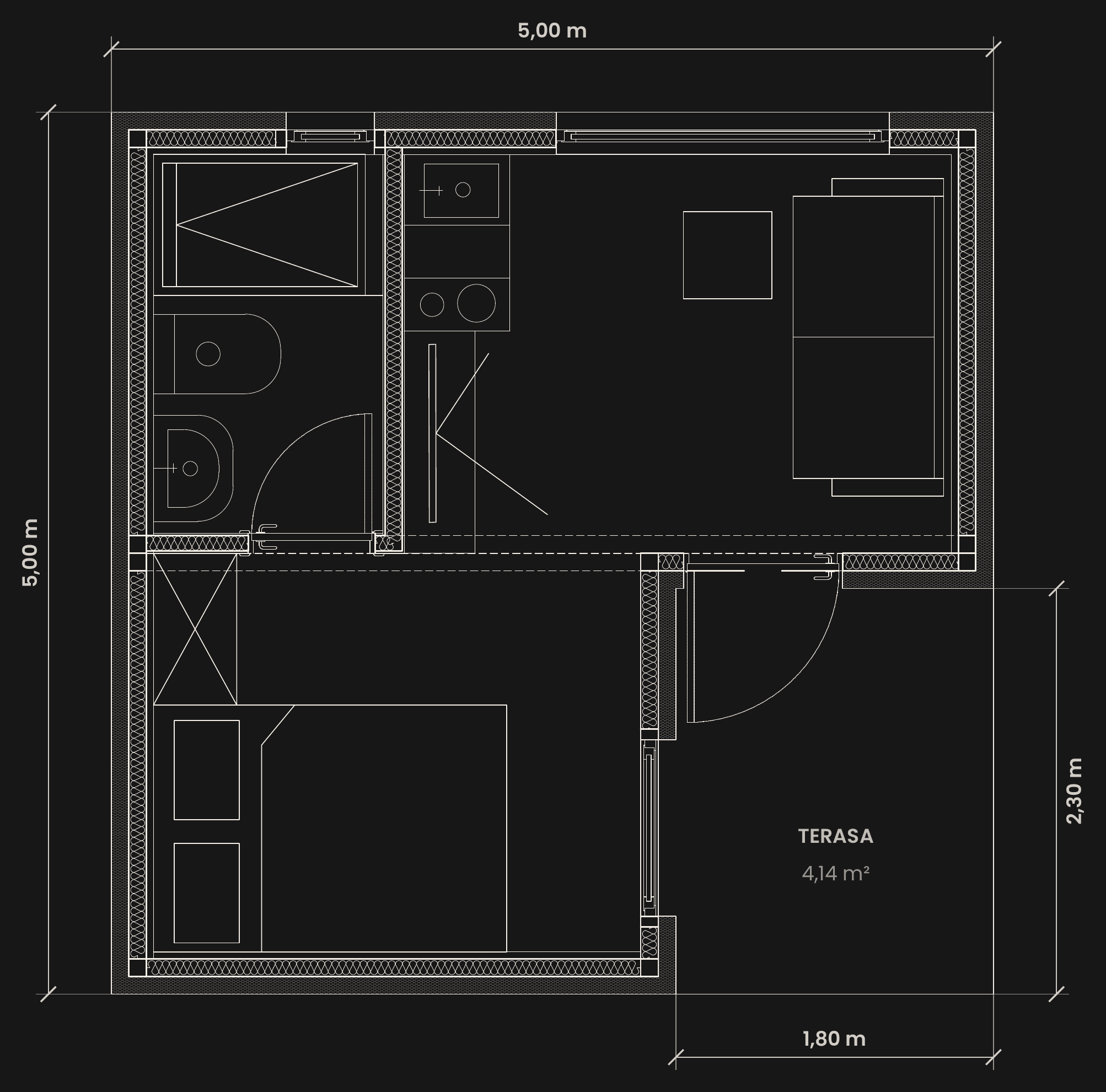 Osnova modela M25 sa osnovnim dimenzijama: ukupni gabarit 5,00 × 5,00 m i uvučena terasa 1,80 × 2,30 m.