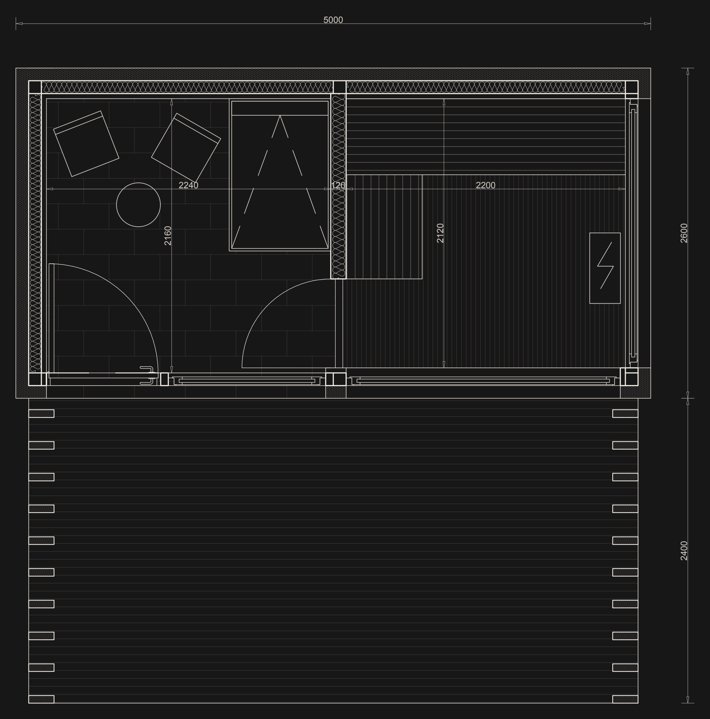 Kotirana osnova Wellness Saune: zatvoreni modul 5,00 × 2,60 m, terasa 5,00 × 2,40 m i sauna približno 2,20 × 2,20 m.