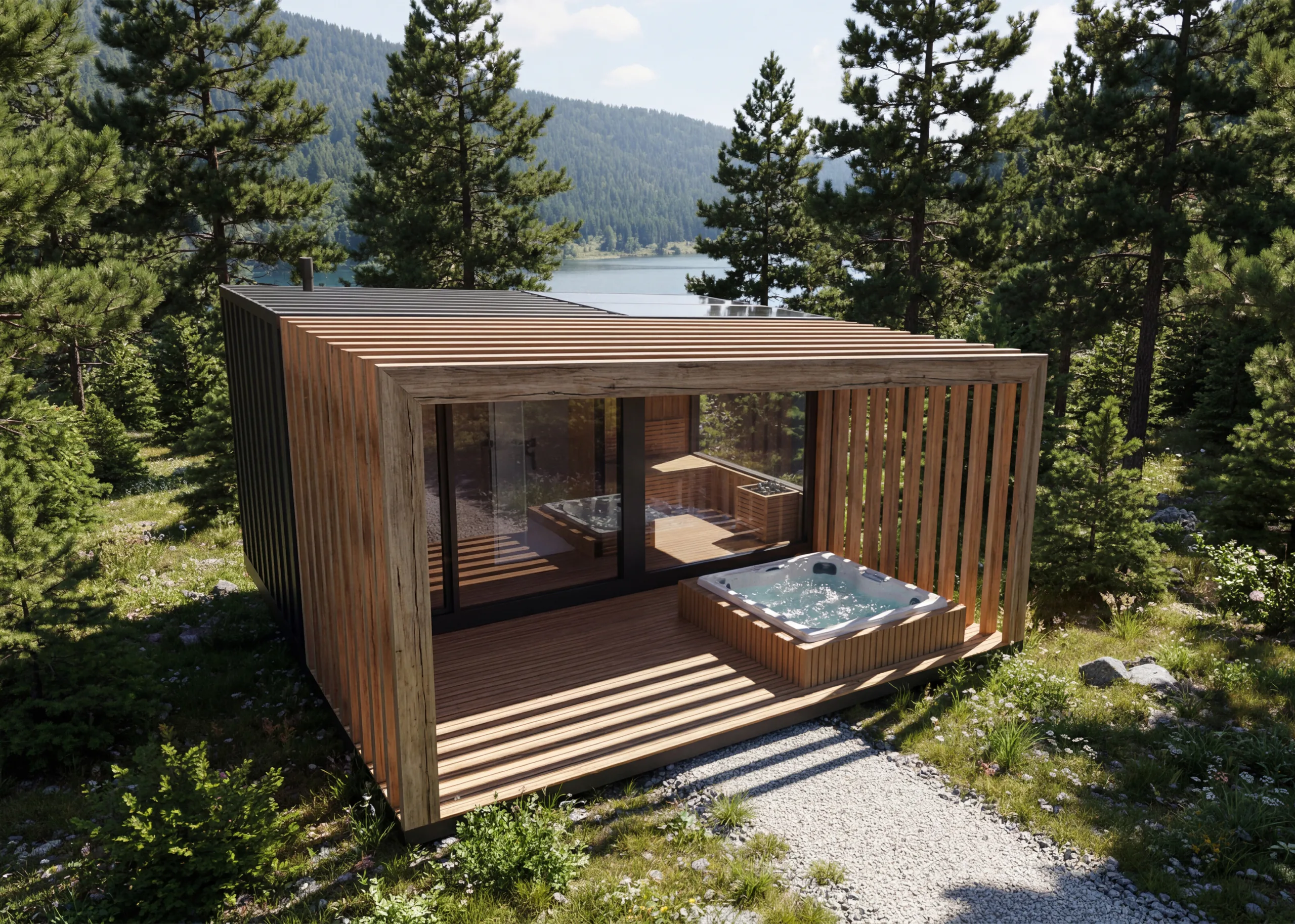 Wellness Sauna sa drvenom oblogom, velikim zastakljenjem i natkrivenom terasom; prikazana oprema terase je ilustrativna.