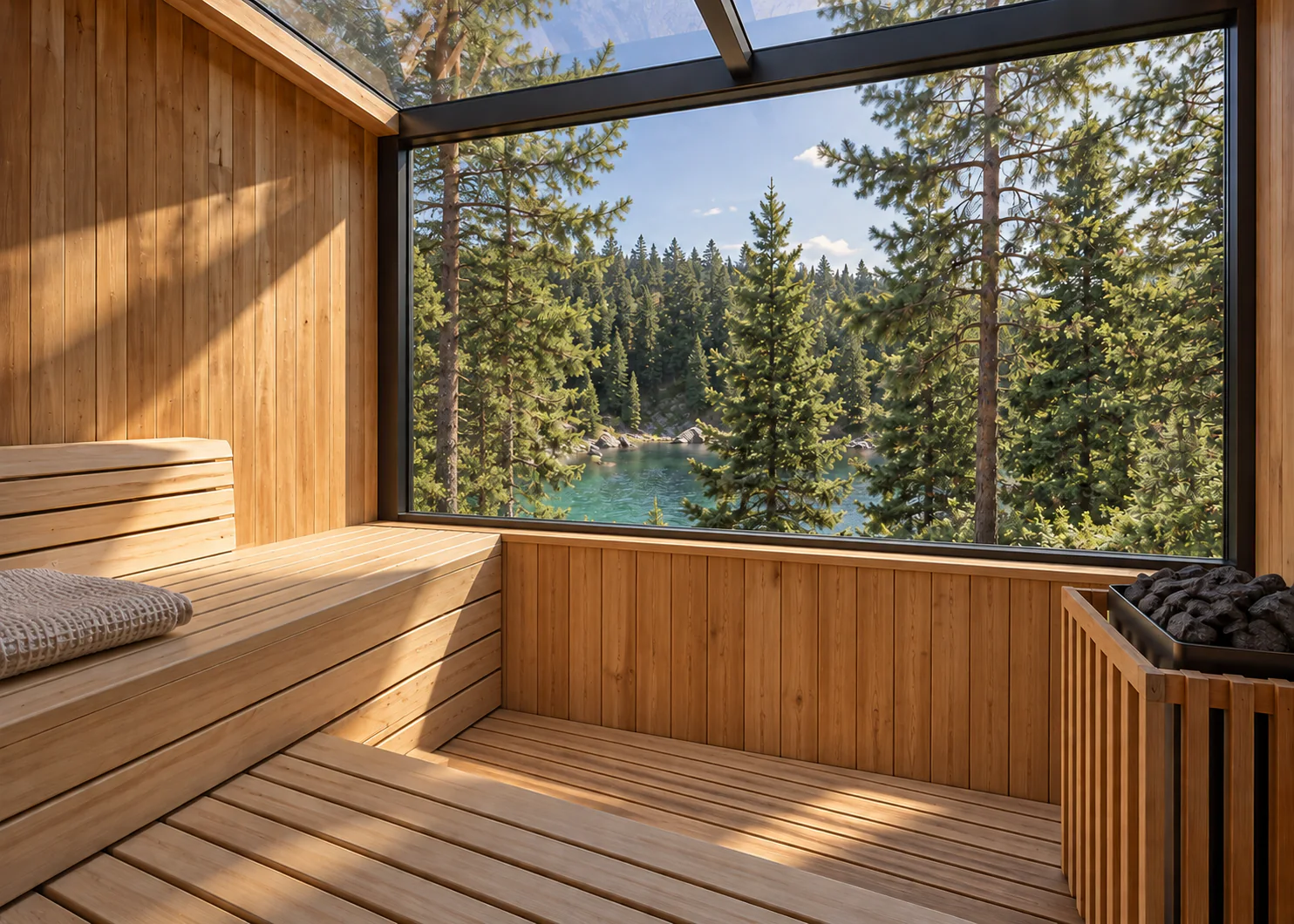 Unutrašnjost finske saune: drvene klupe, peć sa vulkanskim kamenjem i veliki prozor sa pogledom na šumu i jezero.